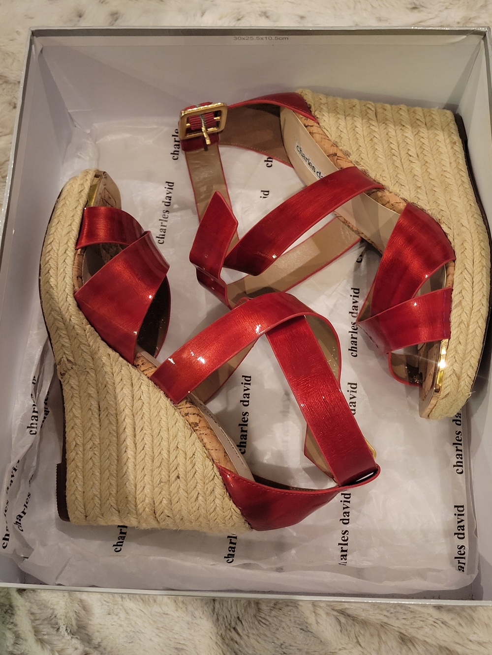Charles David Red Patent Leather Espadrille Wedge Sandals